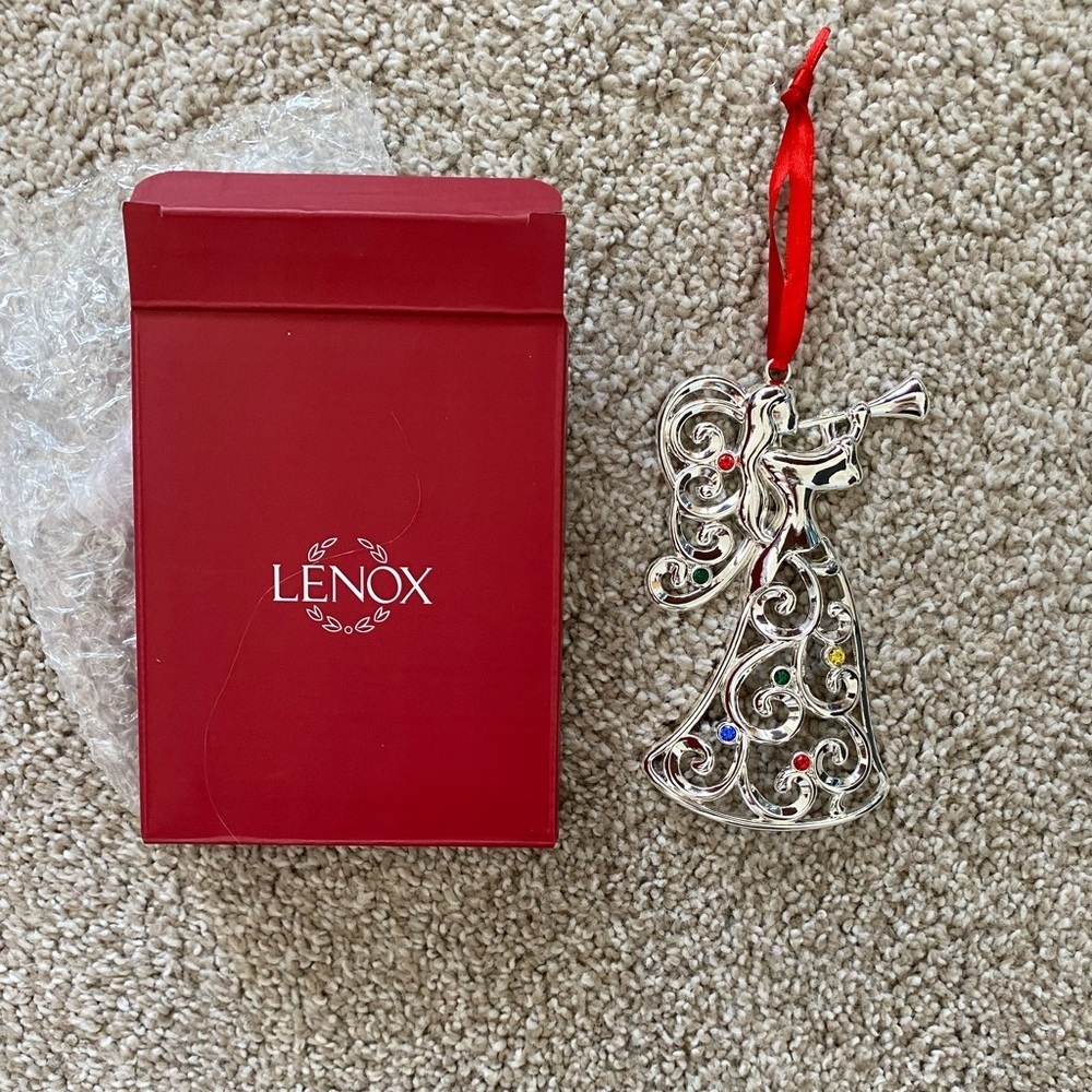 NIB Lenox‎ Sparkle & Scroll Angel Christmas Ornament Silverplate Clear Gems